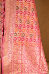 Pink Katan Silk Saree with Rangkat Multicolour Arched Motifs