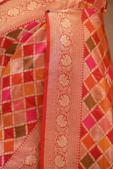 Red Banarasi Katan Silk Saree with Rangkat Checks and Zari