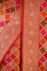 Red Banarasi Katan Silk Saree with Rangkat Checks and Zari