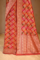 Red Banarasi Katan Silk Saree with Rangkat Checks and Zari