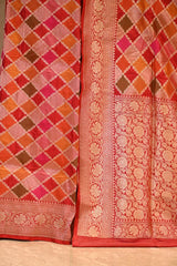 Red Banarasi Katan Silk Saree with Rangkat Checks and Zari