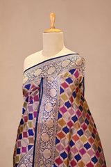 Navy Blue Banarasi Rangkat Katan Silk Saree with Zari Checks