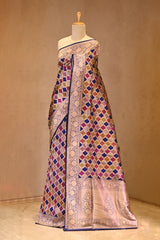 Navy Blue Banarasi Rangkat Katan Silk Saree with Zari Checks
