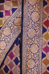 Navy Blue Banarasi Rangkat Katan Silk Saree with Zari Checks
