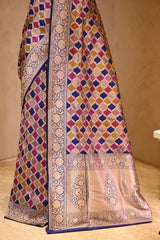 Navy Blue Banarasi Rangkat Katan Silk Saree with Zari Checks