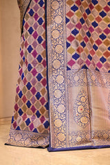 Navy Blue Banarasi Rangkat Katan Silk Saree with Zari Checks