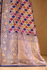 Navy Blue Banarasi Rangkat Katan Silk Saree with Zari Checks