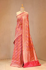 Red Katan Silk Saree with Rangkat Multicolour Arched Motifs