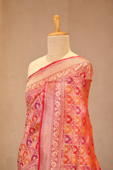 Red Katan Silk Saree with Rangkat Multicolour Arched Motifs