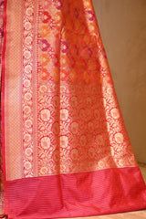 Red Katan Silk Saree with Rangkat Multicolour Arched Motifs