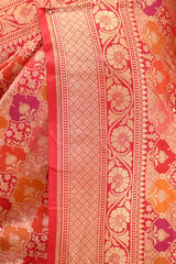 Red Katan Silk Saree with Rangkat Multicolour Arched Motifs