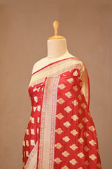 Deep Red Banarasi Katan Silk Saree with Gold Zari Buta