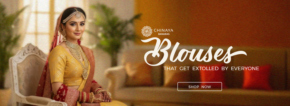 Woman in yellow Banarasi Saree blouse attire with 'Chinaya' branding and text about designer blouses for wedding.