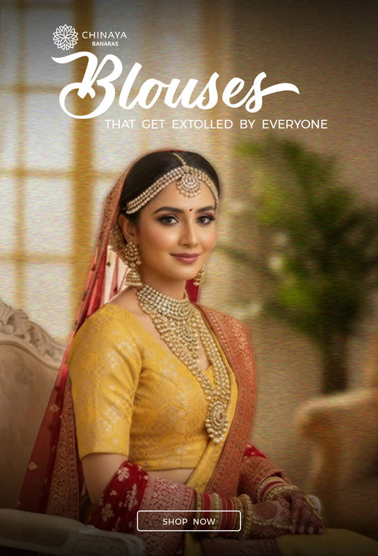 Woman in yellow Banarasi Saree blouse attire with 'Chinaya' branding and text about designer blouses for wedding.