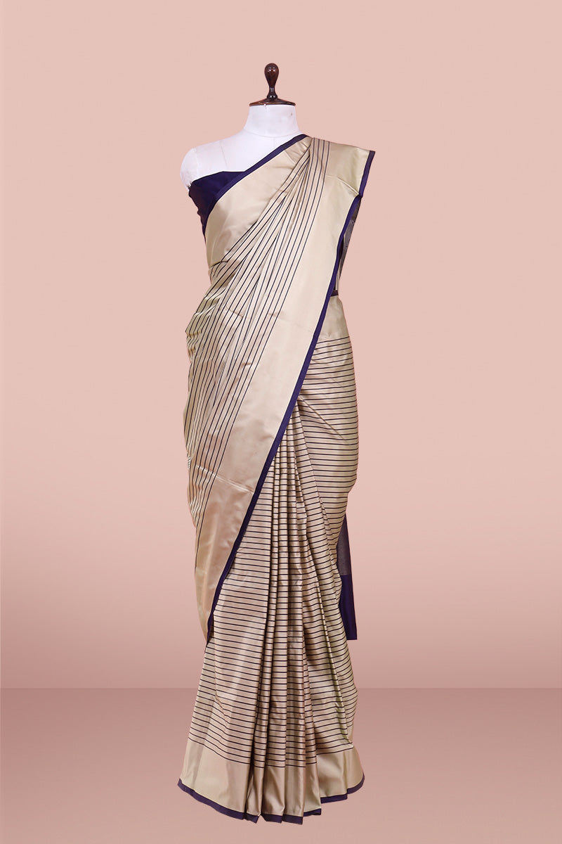 Formal Wear Beige Banarasi Saree with blue stripes