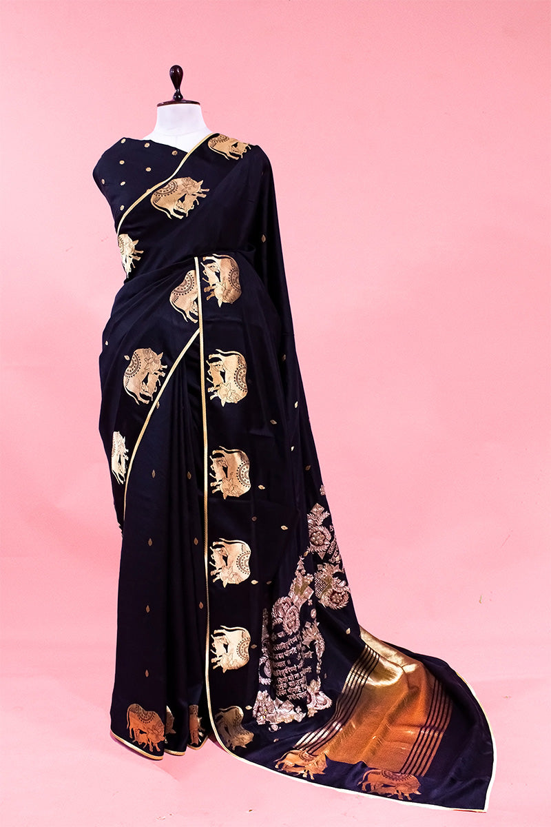 This Black Handloom Banarasi Saree with Gayatri Mantra Pallu is a wedding saree and festive wear saree. Free Shipping Available!