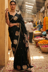 Black Handloom Banarasi Saree with Gayatri Mantra Pallu
