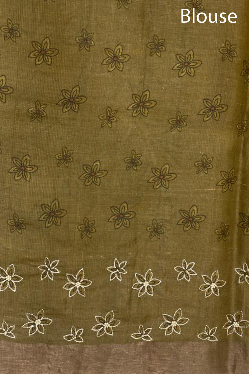 Mustard Embellished Kalamkari Tussar Silk Saree