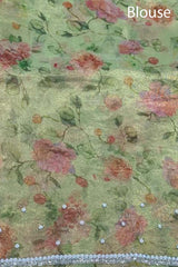 Pastel Mint Green Floral Printed Embellished Tissue Silk Saree
