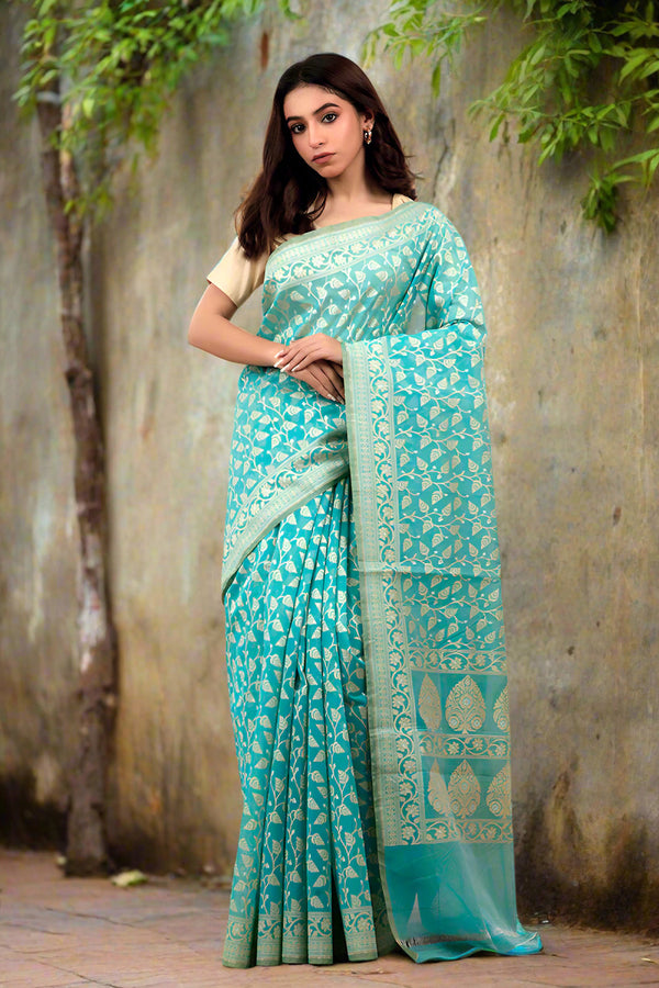 Aqua Blue Cotton Saree, Banarasi Cotton Saree, Cotton Saree For Summer, Cotton Saree