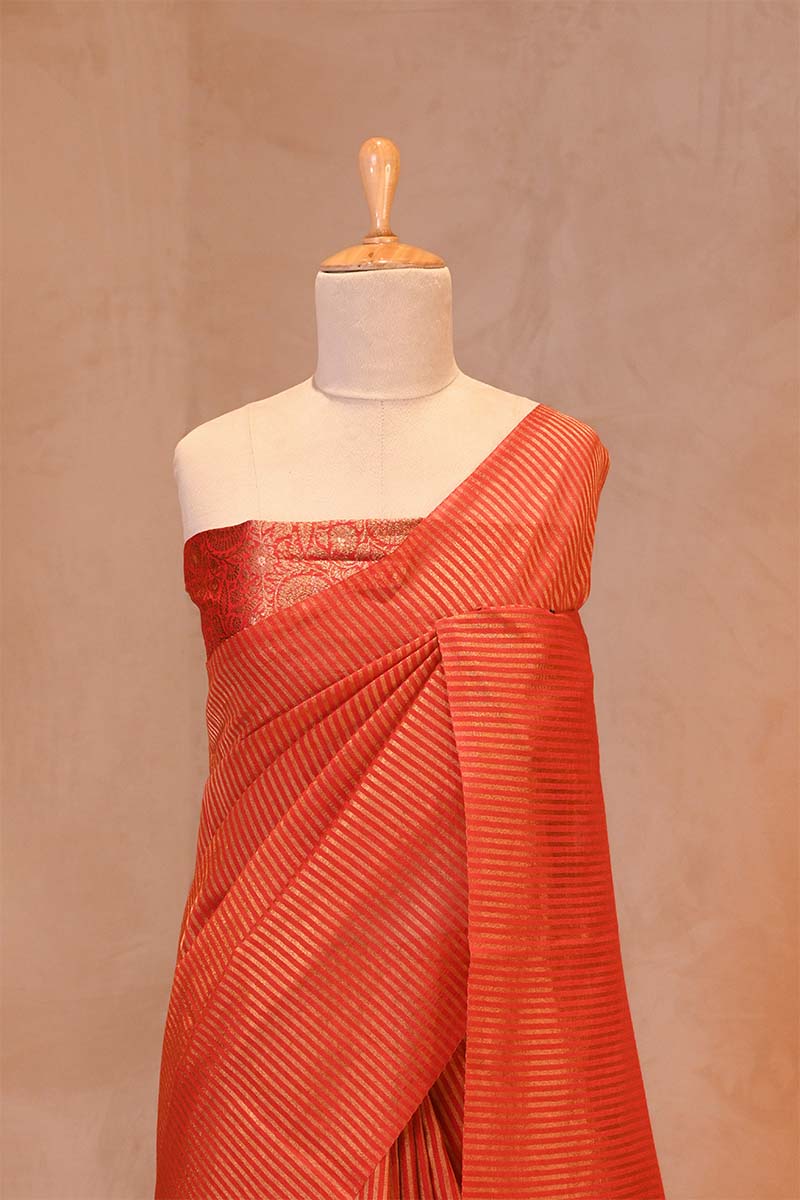 Rust Orange Soft Silk with Zari Stripes