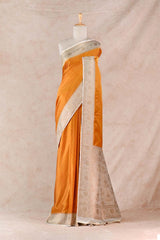 Mustard Yellow Semi Satin Silk Saree with Contrast Floral Gold Zari Border