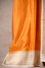 Mustard Yellow Semi Satin Silk Saree with Contrast Floral Gold Zari Border