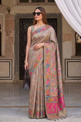 Women in Sage Green Semi Viscose Silk Saree with Pashmina Style Gaja & Ushtra Border 