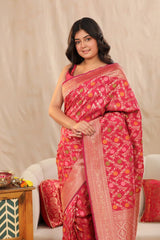 Pink Semi Katan Banarasi Silk Saree with Resham Floral Weave