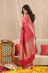 Pink Semi Katan Banarasi Silk Saree with Resham Floral Weave