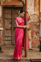Pink Aari and Sequin Embellished Semi Silk Saree with Lace Border