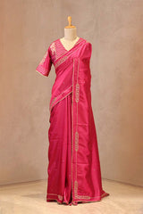 Pink semi silk saree with aari and sequin buti work and lace border
