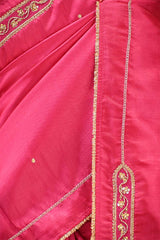 Pink Aari and Sequin Embellished Semi Silk Saree with Lace Border
