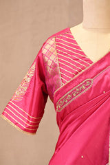 Pink Aari and Sequin Embellished Semi Silk Saree with Lace Border