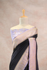 Black Semi Satin Silk Saree with Contrast Floral Gold Zari Border