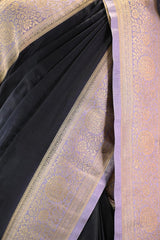 Black Semi Satin Silk Saree with Contrast Floral Gold Zari Border