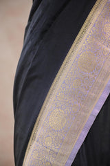 Black Semi Satin Silk Saree with Contrast Floral Gold Zari Border