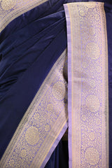 Navy Blue Semi Satin Silk Saree with Contrast Violet Floral Gold Zari Border