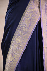 Navy Blue Semi Satin Silk Saree with Contrast Violet Floral Gold Zari Border