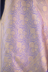 Navy Blue Semi Satin Silk Saree with Contrast Violet Floral Gold Zari Border