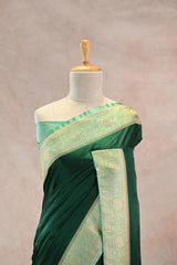 Bottle Green Semi Satin Silk Saree with Contrast Light Green Floral Gold Zari Border