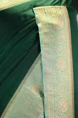 Bottle Green Semi Satin Silk Saree with Contrast Light Green Floral Gold Zari Border