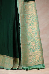 Bottle Green Semi Satin Silk Saree with Contrast Light Green Floral Gold Zari Border