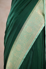 Bottle Green Semi Satin Silk Saree with Contrast Light Green Floral Gold Zari Border
