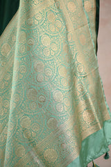 Bottle Green Semi Satin Silk Saree with Contrast Light Green Floral Gold Zari Border