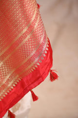 White Semi Satin Silk Saree with Contrast Red Floral Gold Zari Border