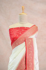 White Semi Satin Silk Saree with Contrast Red Floral Gold Zari Border