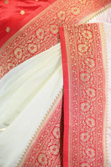 White Semi Satin Silk Saree with Contrast Red Floral Gold Zari Border