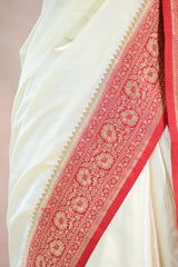 White Semi Satin Silk Saree with Contrast Red Floral Gold Zari Border