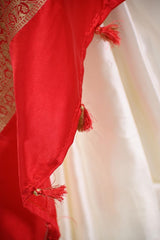 White Semi Satin Silk Saree with Contrast Red Floral Gold Zari Border